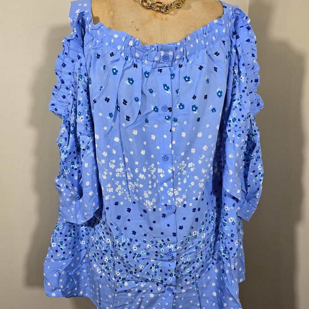 Woman Within blue floral cold shoulder blouse size 38/40 5X